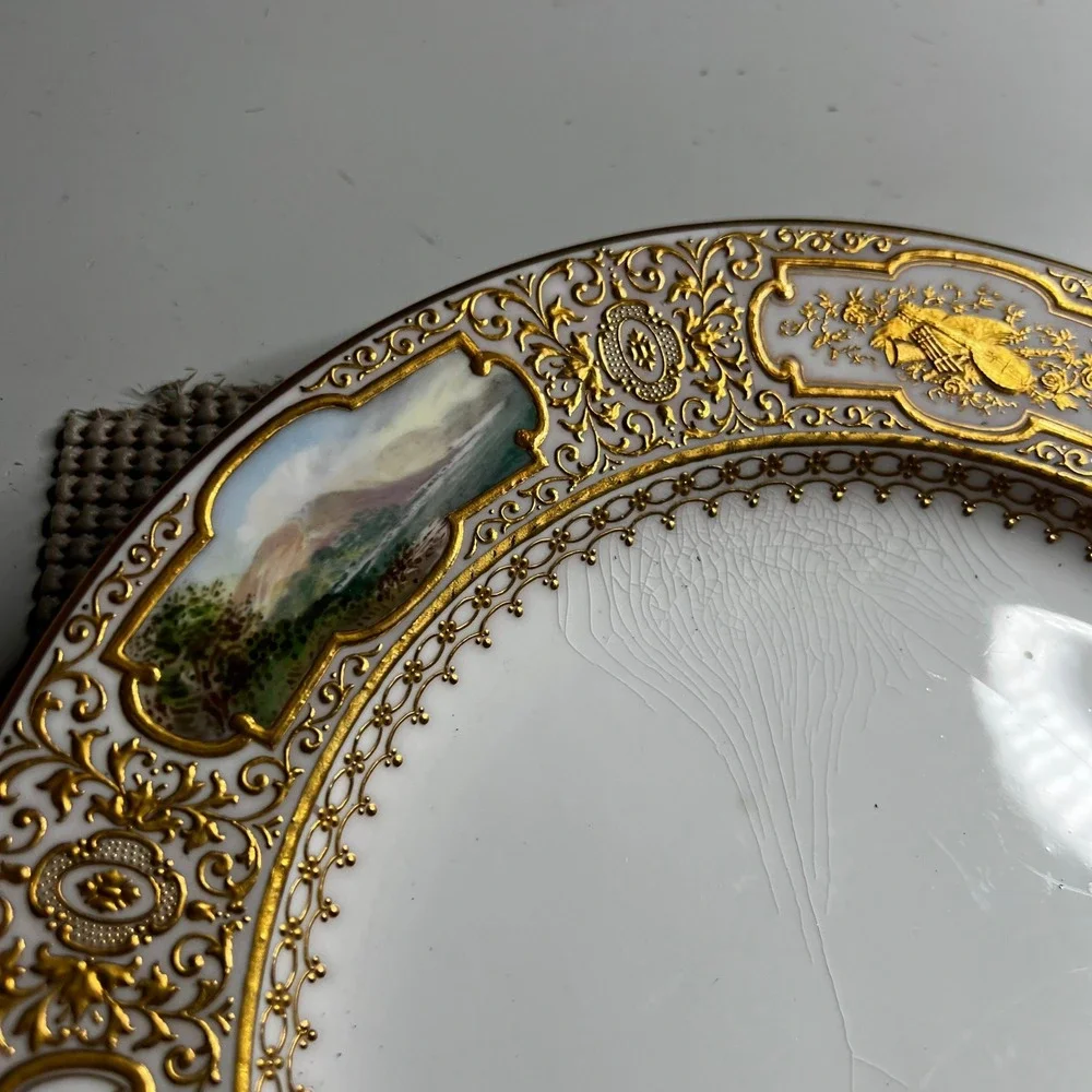 Antique Coalport Hand Painted Landscape Gold Encrusted Porcelain Cabinet Plate